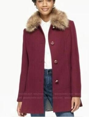 Kate Spade Maroon Wool Flounce  Pea Coat Faux Fur Collar Peplum Small Petite